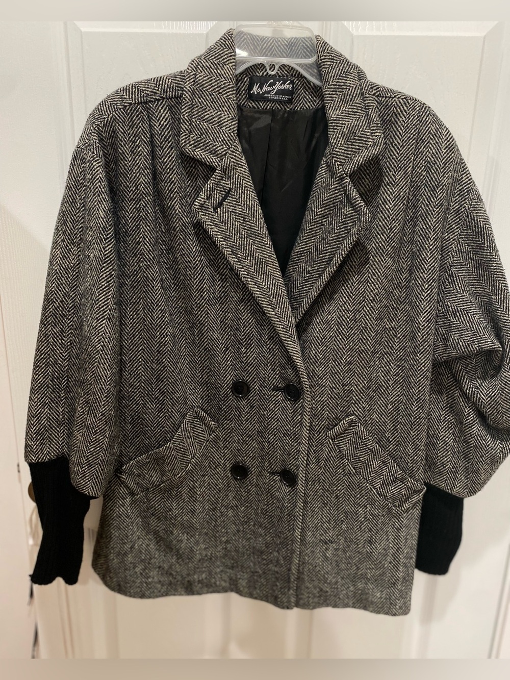 Ms.New Yorker Black, White Herringbone Wool-Blend Blazer Jacket women’s coat